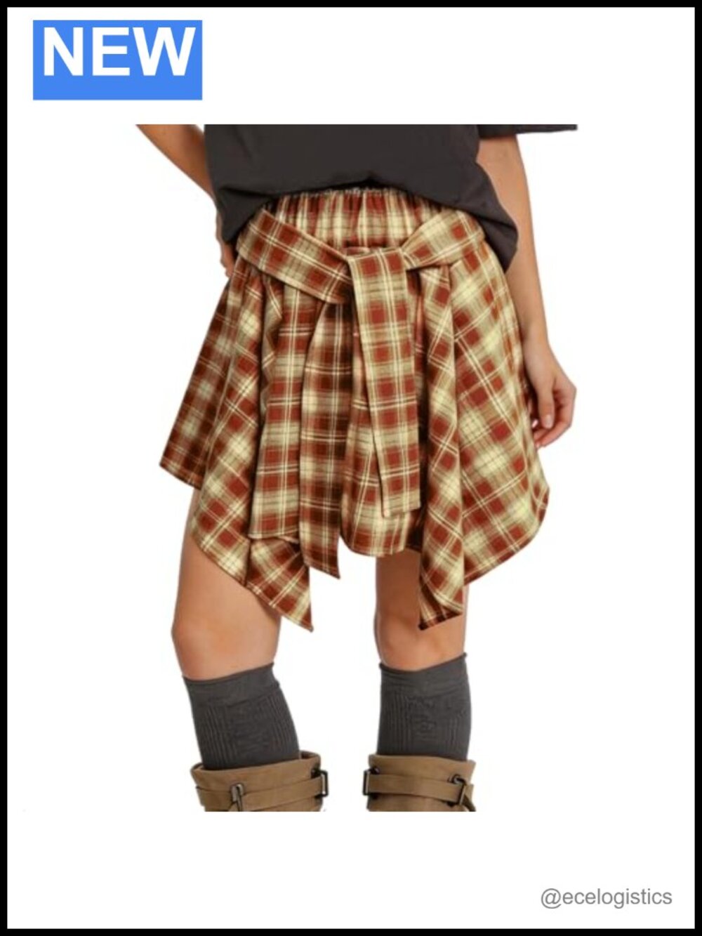 Plaid Mini Skater Skirt High Waist Tie Front Asymmetrical Hem